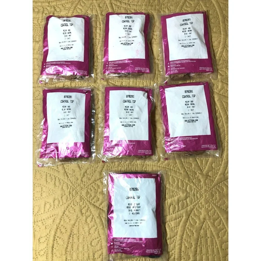 Lot 7 Vintage Y2K Silkies Control Top Pantyhose Nude Natural Off Black USA Sz M